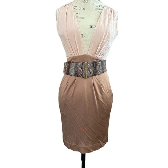 Bebe pink mauve Y2K deep v faux snakeskin belted silk dress size small